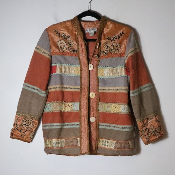 Vintage Jackets & Blazers - Vintage Flashback Boho Patchwork Tapestry Button Jacket Floral Striped Cotton